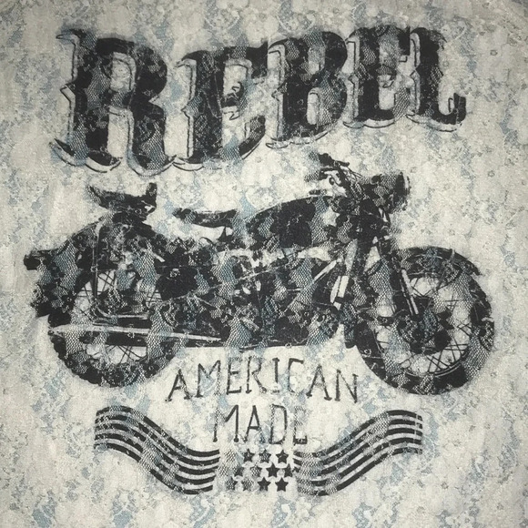BONGO lace sheer top “Rebel American Made” motorcycle short cuffed sleeve size M - Picture 3 of 8